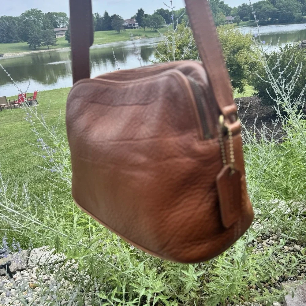 Vintage Coach 4914 ~ Natural Grain Double Zip Saddle Brn Leather Purse 90's READ
